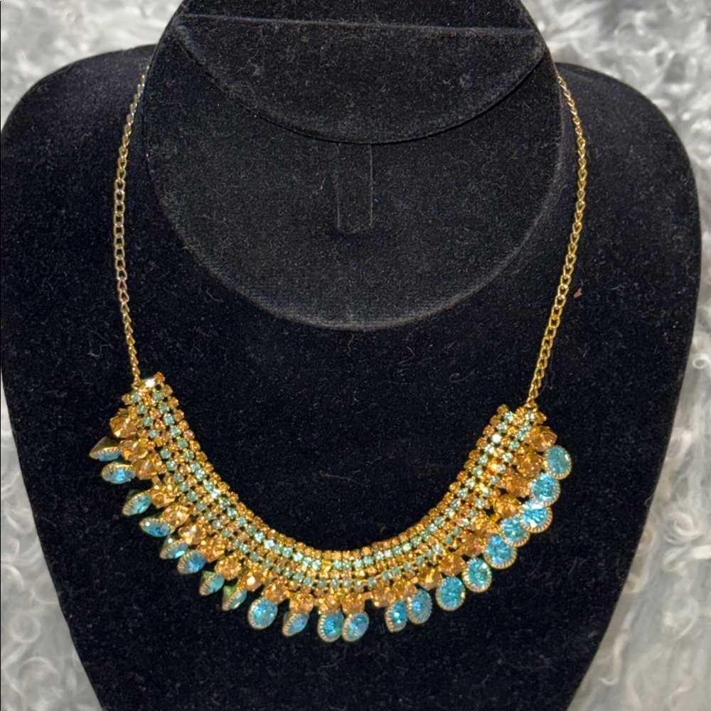 Vintage gold & peacock teal rhinestone waterfall choker bib collar necklace